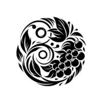 Elegant Black and White Circular Vine with Grapes, Leaves, and Spirals, Isolated on White. vector