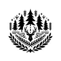 Black and white minimalist forest emblem featuring a deer, pine trees, laurel wreath, and other stylized natural elements in circular . vector