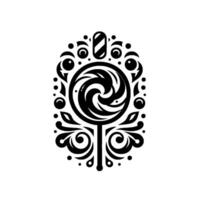 Intricate Black and White Swirl Lollipop Illustration, Ornate Oval Frame with Floral and Dot . vector