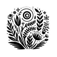 A stylized circular black and white botanical illustration featuring diverse floral and foliate elements, unified. vector