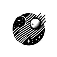 A cosmic, stylized black and white illustration features planets, stars, and celestial streaks within a circular frame. vector