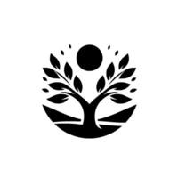 Minimalist Black and White Featuring a Stylized Tree with a Sun or Moon in a Circular Frame, Representing Growth. vector