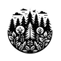 A Black and White Circular Illustration Depicting a Forest Scene with Tall Pine Trees, Leaves, and a Flying Bird Silhouette. vector