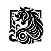 Elegant Black and White Stylized Horse Head Within a Square Frame, Featuring Floral Elements and Ornamental . vector