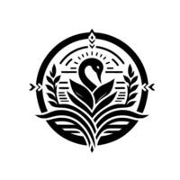 Elegant Black and White Crest A Stylized Swan within an Ornamental Circle, Embellished with Laurel Branches and Geometric Accents. vector