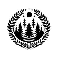 Monochromatic forest scene within a laurel wreath, featuring towering pines under a starry night sky and crescent moon, minimalist style. vector