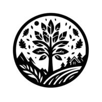 Stylized black and white illustration within a circle depicting a tree as the central focal point, mountains, a small house, fields and leaves symbolizing nature and harmony. vector