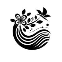 Black and white floral inside a circle, with a flower, leaves, and wavy lines. vector