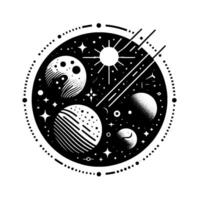 A stylized monochrome illustration of a celestial scene within a circular border, featuring planets, stars, sun, and comet trails. vector
