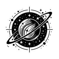 Black and white stylized planet illustration with swirling details, stars, and surrounding rings on a white background, evoking a sense of cosmic wonder. vector