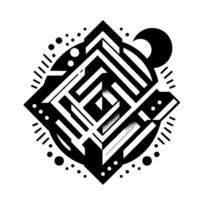 Bold black white geometric featuring a layered, labyrinthine core within a diamond and circle, accented with dots and line strokes. vector