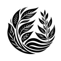 Intricate black and white botanical illustration of leaves and stems, arranged in a circular, stylized . vector