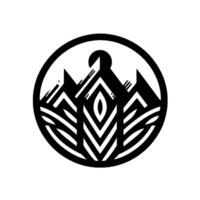 Black and White Geometric Mountain and Sun Enclosed in a Circular Frame, Creating a Modern Minimalist or . vector