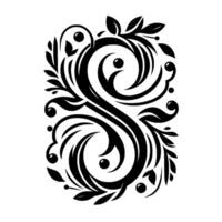 Ornamental Monogram S in Black and White, Featuring Swirls, Leafy Vines, and Dots, with a Decorative and Elegant . vector