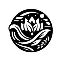 Monochromatic Floral Emblem within a Circle A Stylized Lotus and Foliage with Waves, Moon, and Dots. vector