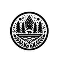 Minimalist black and white circular featuring forest landscape with bear, trees, leaves, and celestial elements. vector