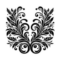 Symmetrical Black Flourish with Leaves, Curls, and Dots on White Background, Art Style. vector