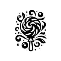 Stylized Black and White Lollipop with Swirls, Foliage, and Dots, Isolated on White Background. vector