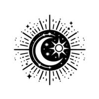 Celestial Black and White Emblem Crescent Moon, Sun, Stars, and Burstlike Rays, a mystical night and day composition. vector
