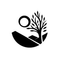 Silhouette Composition Stylized Tree, Sun, and Mountains in a Circular Black and White . vector