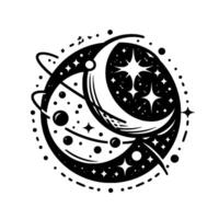 Celestial Emblem A black and white illustration of the moon, stars, and orbiting planets forming an elegant cosmic . vector