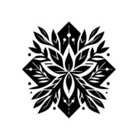 Symmetrical Black and White Floral Mandala with Leaf Elements and Geometric Diamond Composition on White Background. vector