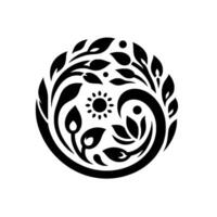 Intricate Black and White Circular Symbolic Composition with Leaves, Sun, Organic Forms, and Graceful Lines, Minimalist Aesthetic. vector