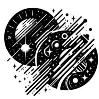 Black and white cosmic illustration featuring overlapping planetary forms, celestial streaks, stars, and a minimalist, aesthetic, evoking a sense of wonder. vector