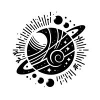 Black and white stylized celestial illustration featuring a planet with rings, a crescent, spirals, stars, and an outer burst . vector