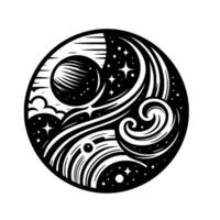 Celestial YinYang A stylized black and white illustration depicting a swirling cosmic landscape within a circular frame, featuring planets, stars, and swirling energy. vector
