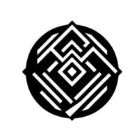 Geometric monochrome of nested squares and line patterns within a circular frame, featuring sharp points, creating a minimalist aesthetic. vector