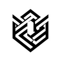 A striking black and white abstract geometric , resembling a stylized shield or hexagon. Interwoven lines with shadows create depth and complexity. vector