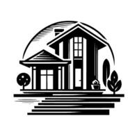 Monochrome Modern House Gable Roof Residence with Porch, Trees, Steps, and Decorative Arch. vector
