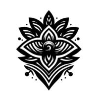 Intricate black and white floral mandala with layered petals, geometric patterns, and stylized leaf elements, centered on a white background. vector
