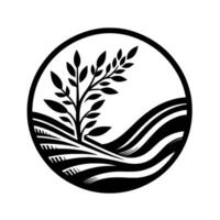 Black and white minimalist circular depicting a stylized plant growing from a rolling field, evoking natures beauty and farming. vector