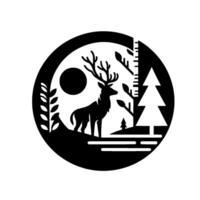 Silhouette of a Stag in a Forest Circle A Black and White Minimalist Nature Scene with Moon, Trees, and Foliage. vector