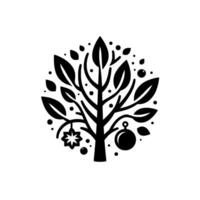 Stylized Black and White Christmas Tree Illustration with Baubles, Star Ornament, and Leafy Branches in Circular Arrangement. vector