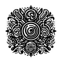 Intricate Black and White Ornamental Mandala, Symmetric with Swirls, Leaves, Geometric Elements, and Spirals on a White Background. vector