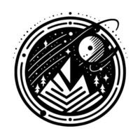 Cosmic Mountain Scene Black and white circular illustration featuring stylized mountains, trees, planets, and stars within a dotted border, creating a celestial and adventurous aesthetic. vector