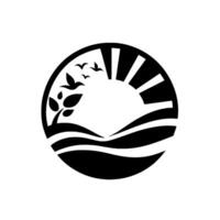 Silhouette of a circular showcasing a stylized landscape with the sun, rolling hills, birds in flight, and foliage, all contained within a solid circle. vector