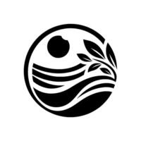 Abstract black and white circular depicting a stylized landscape with a sun, flowing lines, and leafy branch. vector