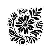 Intricate Black Floral Pattern with a Central Daisy, Leafy Accents, and Minimalist, Decorative on White. vector