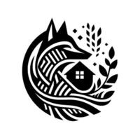Black and White Circular Emblem Fox, Home, and Nature Elements Intertwined in a Modern, Style. vector