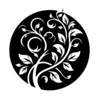 Monochromatic Tree of Life, white stylized branches and leaves emerge from black circular background, minimalist . vector