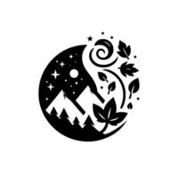 Yin and Yang in Nature A black and white emblem depicting a mountain range under a starry sky intertwined with leaves and organic elements. vector