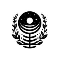 Symbolic black and white botanical emblem with cosmic and floral fusion on white background. vector