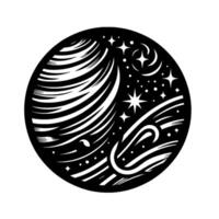 Abstract celestial black and white illustration of a planet with swirling atmosphere, constellations, and a cosmic, minimalist aesthetic in a circular composition. vector