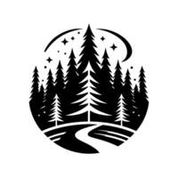 Silhouette of Evergreen Forest Under a Starry Sky Within a Circular Frame, Featuring Winding Path Crescent Moon. vector