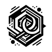 Geometric Black White Hexagonal with Spiral Core and Abstract Elements on a White Background. vector