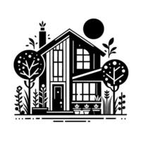 Black and White Illustration of a Modern House with Geometric Trees, Foliage, Sun, and Potted Plants vector